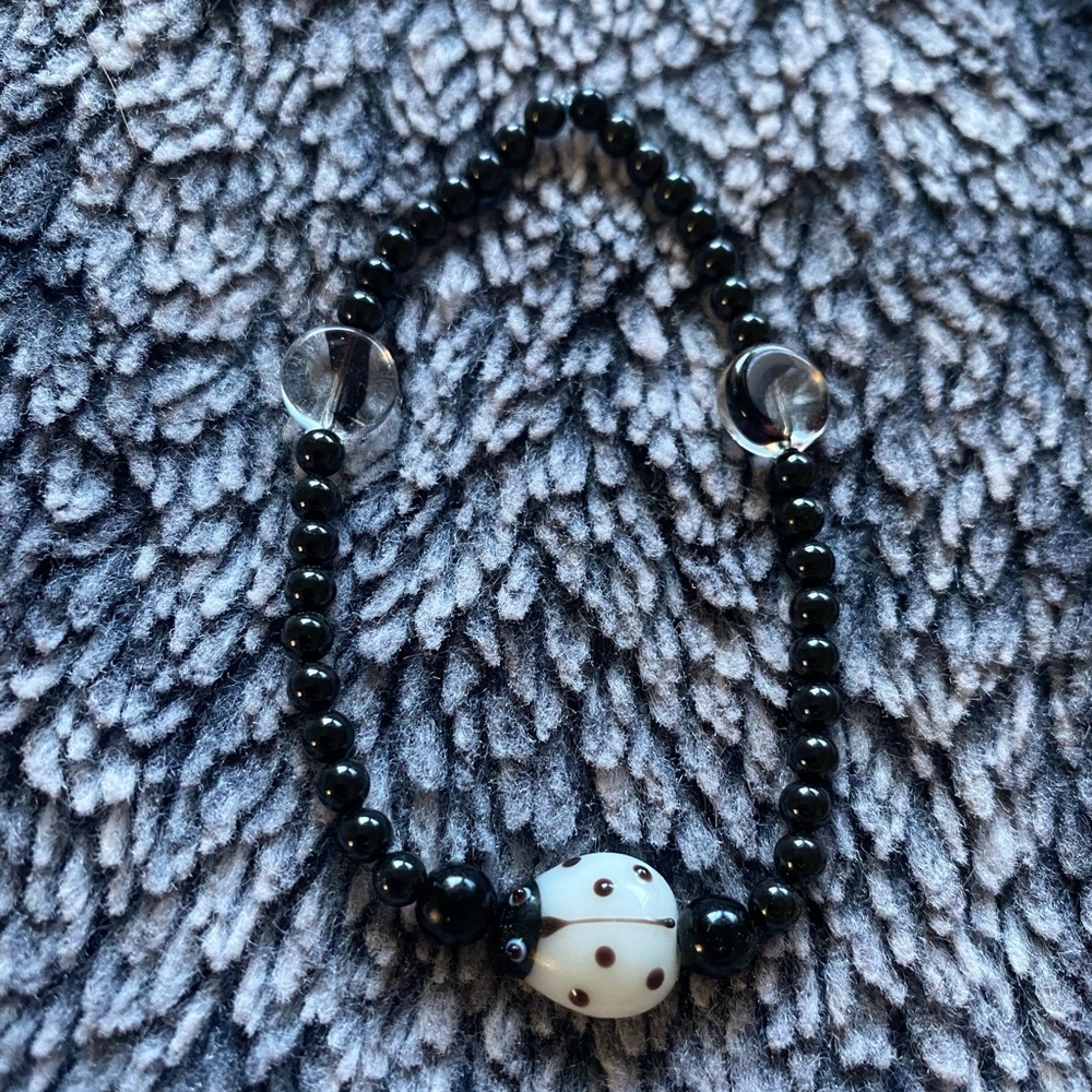 Handmade Black & White Ladybug Beaded Bracelet